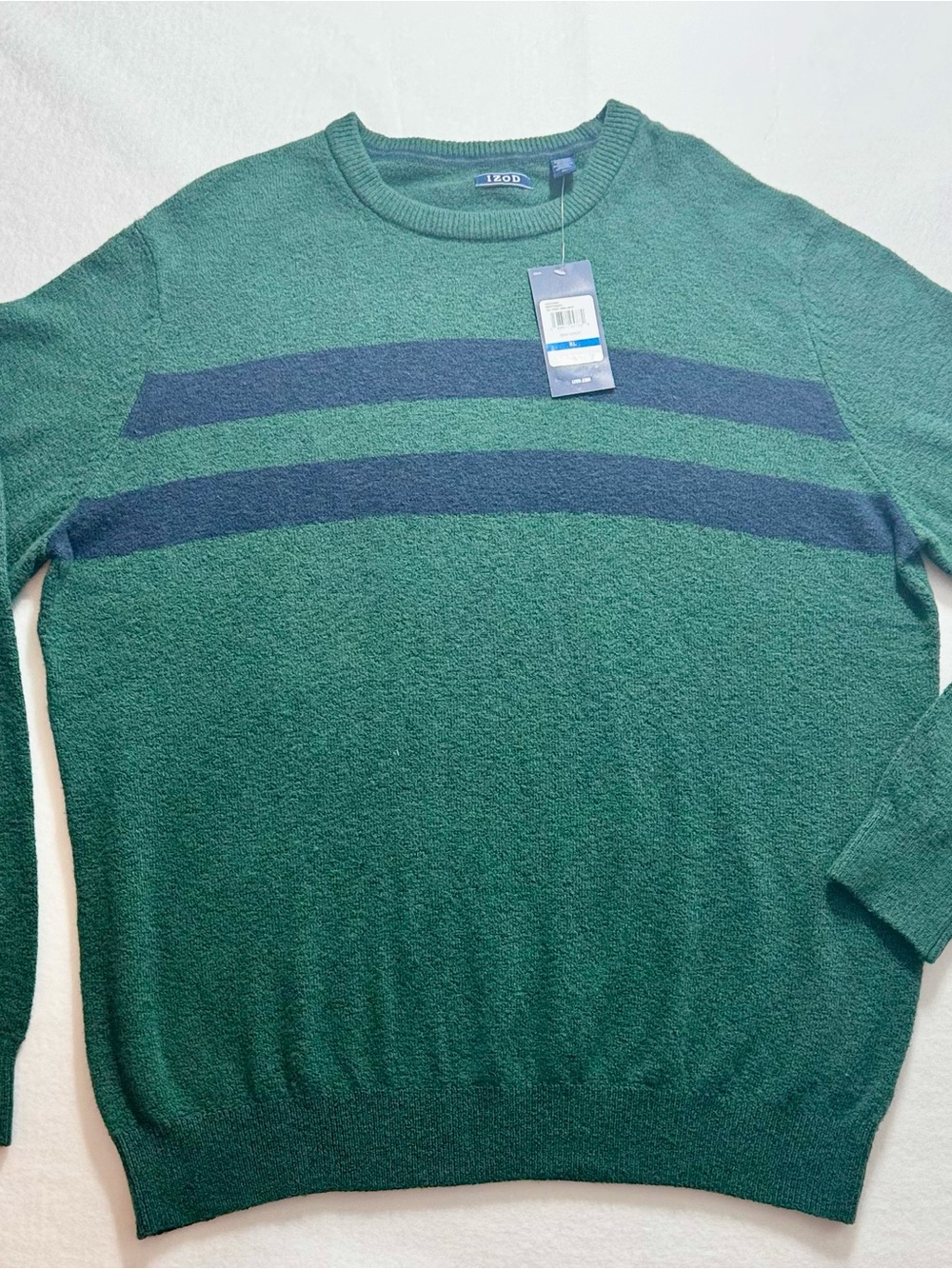 IZOD Men’s Rain Forest Green and Navy Striped Stylish Crewneck Sweater Size XL
